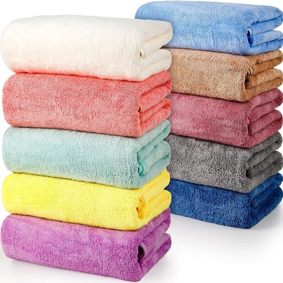 10 Multicolor Bath Towels - Large Coral Velvet Machine Washable & Lightweight